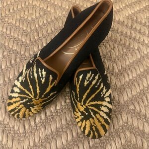 Stubbs & Wooton Black Linen Loafer with Gold Design